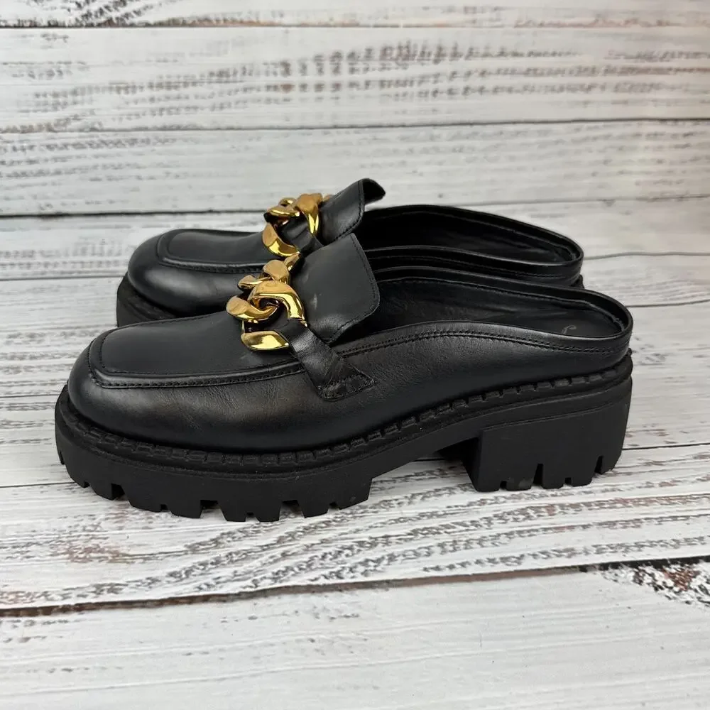 Free People Lyra Link Womens US 8.5 Mule Loafer Shoes Black Gold